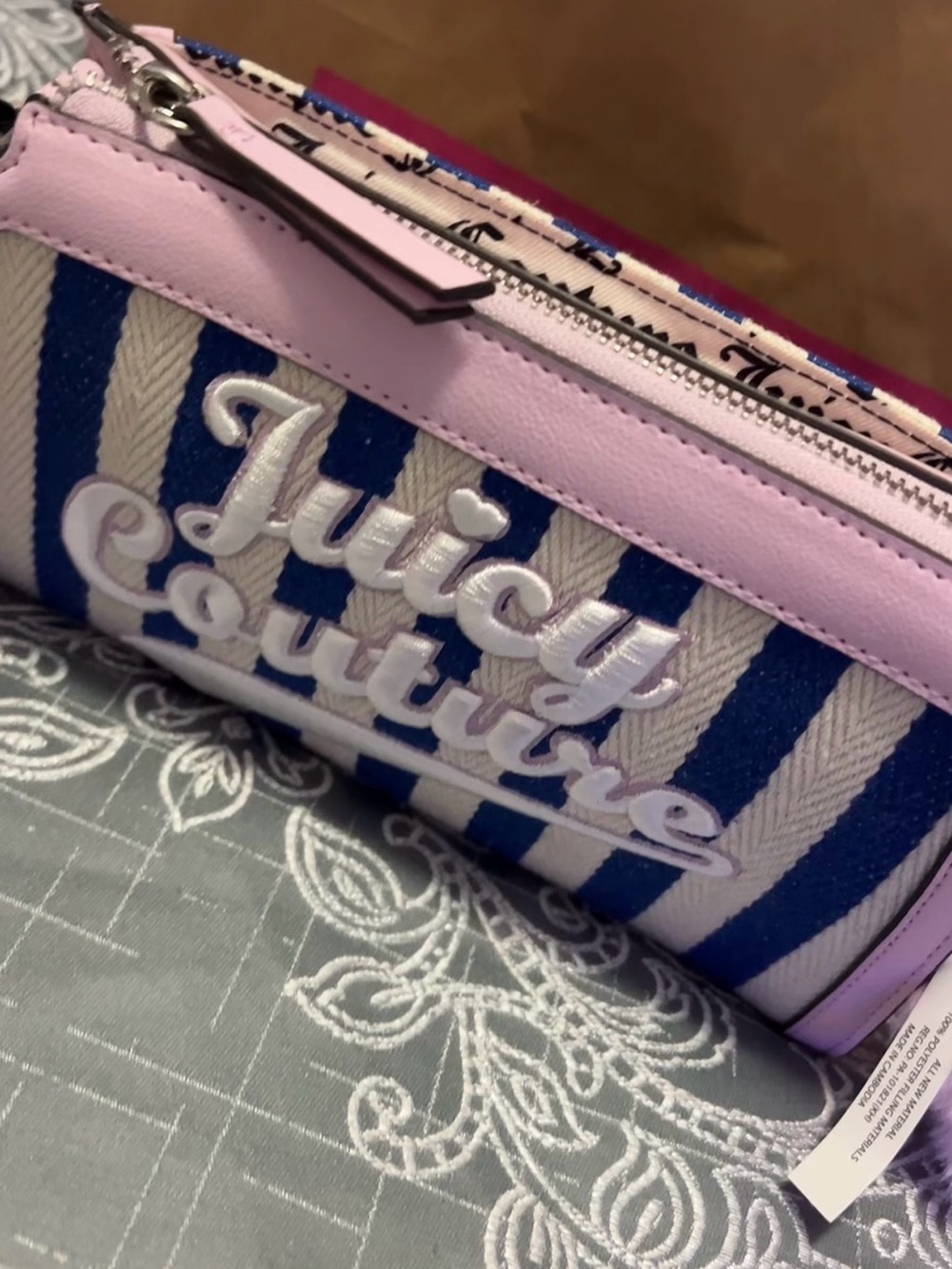 Juicy Couture Pink and Blue Striped Cosmetic Pouch
